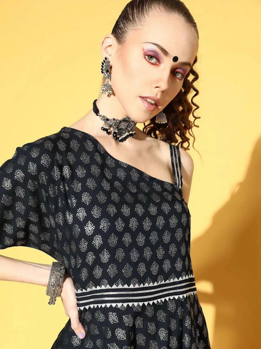 Ahalyaa Women Navy Blue Colour Rayon Silver Foil Printed Top Palazzo Set