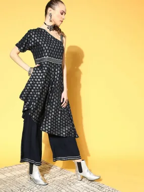 Ahalyaa Women Navy Blue Colour Rayon Silver Foil Printed Top Palazzo Set