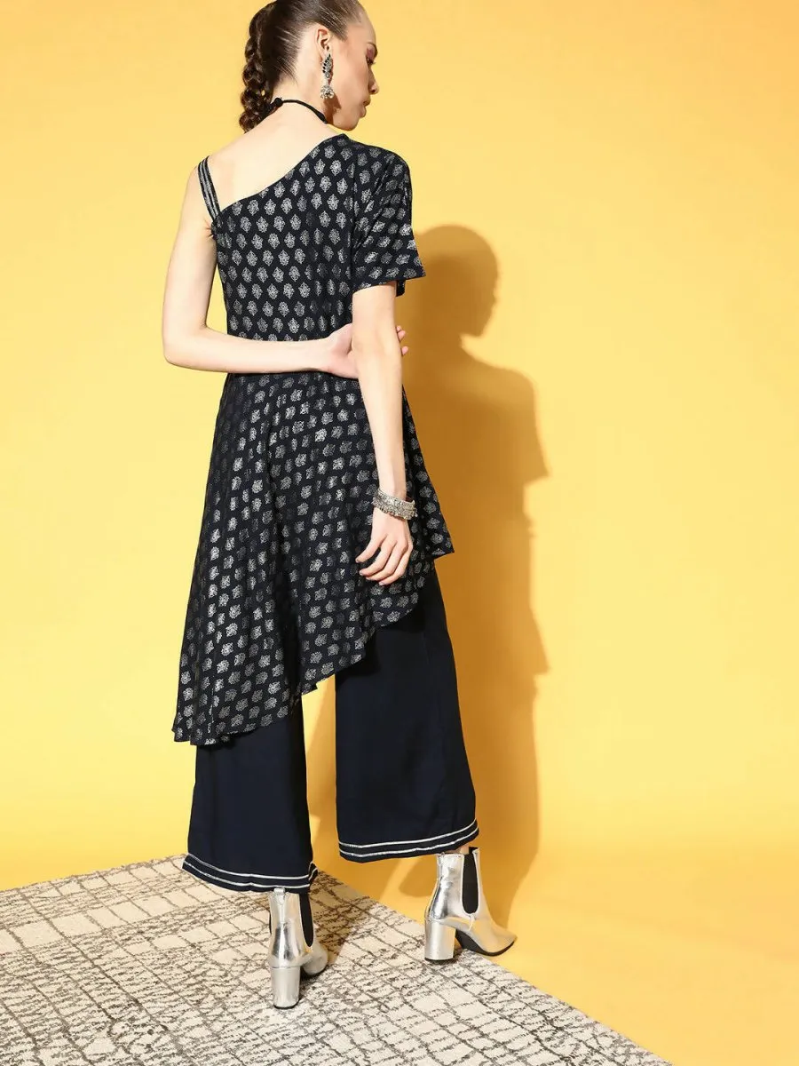 Ahalyaa Women Navy Blue Colour Rayon Silver Foil Printed Top Palazzo Set
