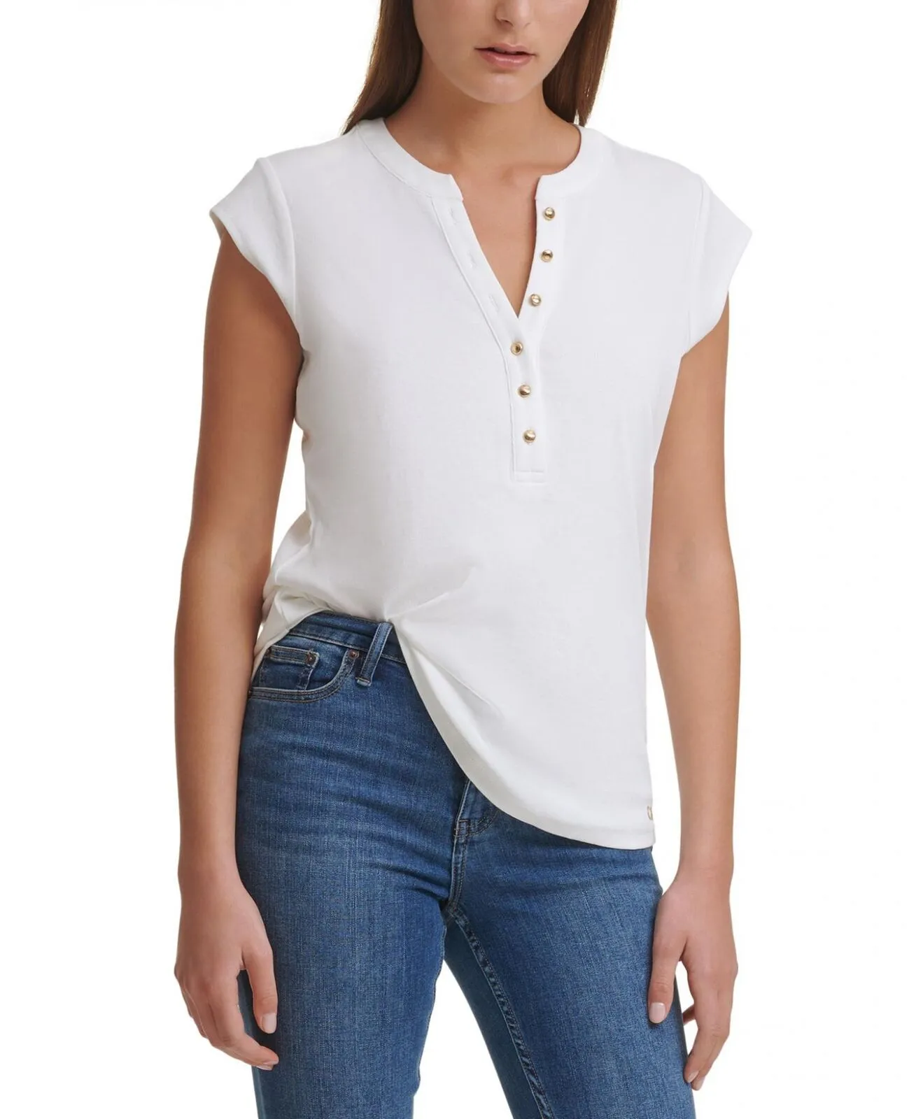 Calvin Klein Women's T-Shirt Silver Button Detailing Tee M1TH0807 Soft White L
