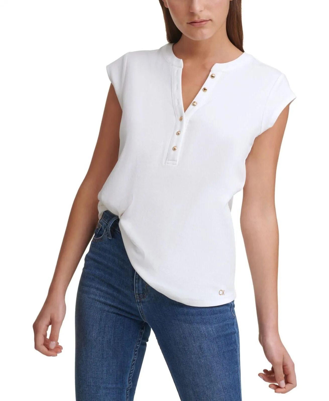 Calvin Klein Women's T-Shirt Silver Button Detailing Tee M1TH0807 Soft White L
