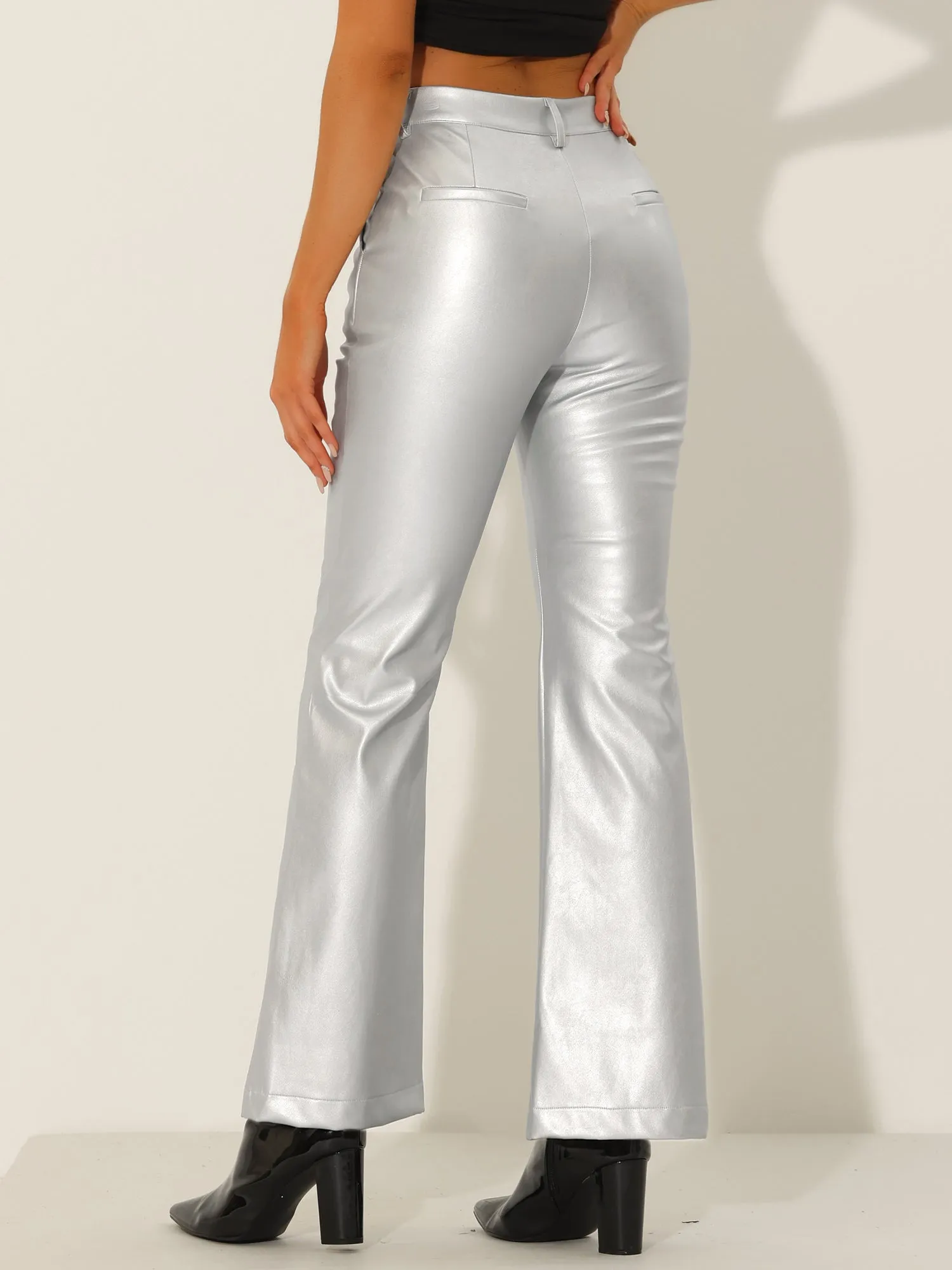 Faux Leather Flared Pants High Waist Bell Bottom PU Trousers
