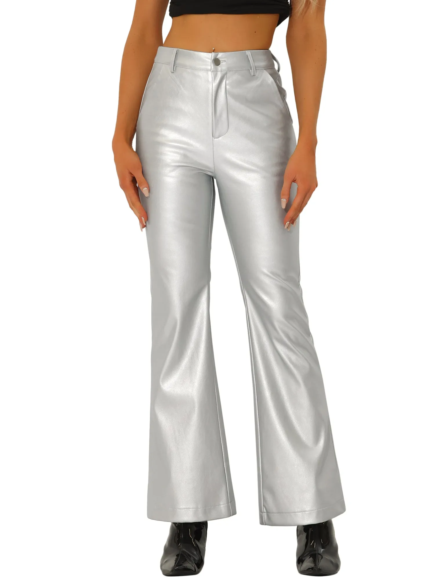 Faux Leather Flared Pants High Waist Bell Bottom PU Trousers