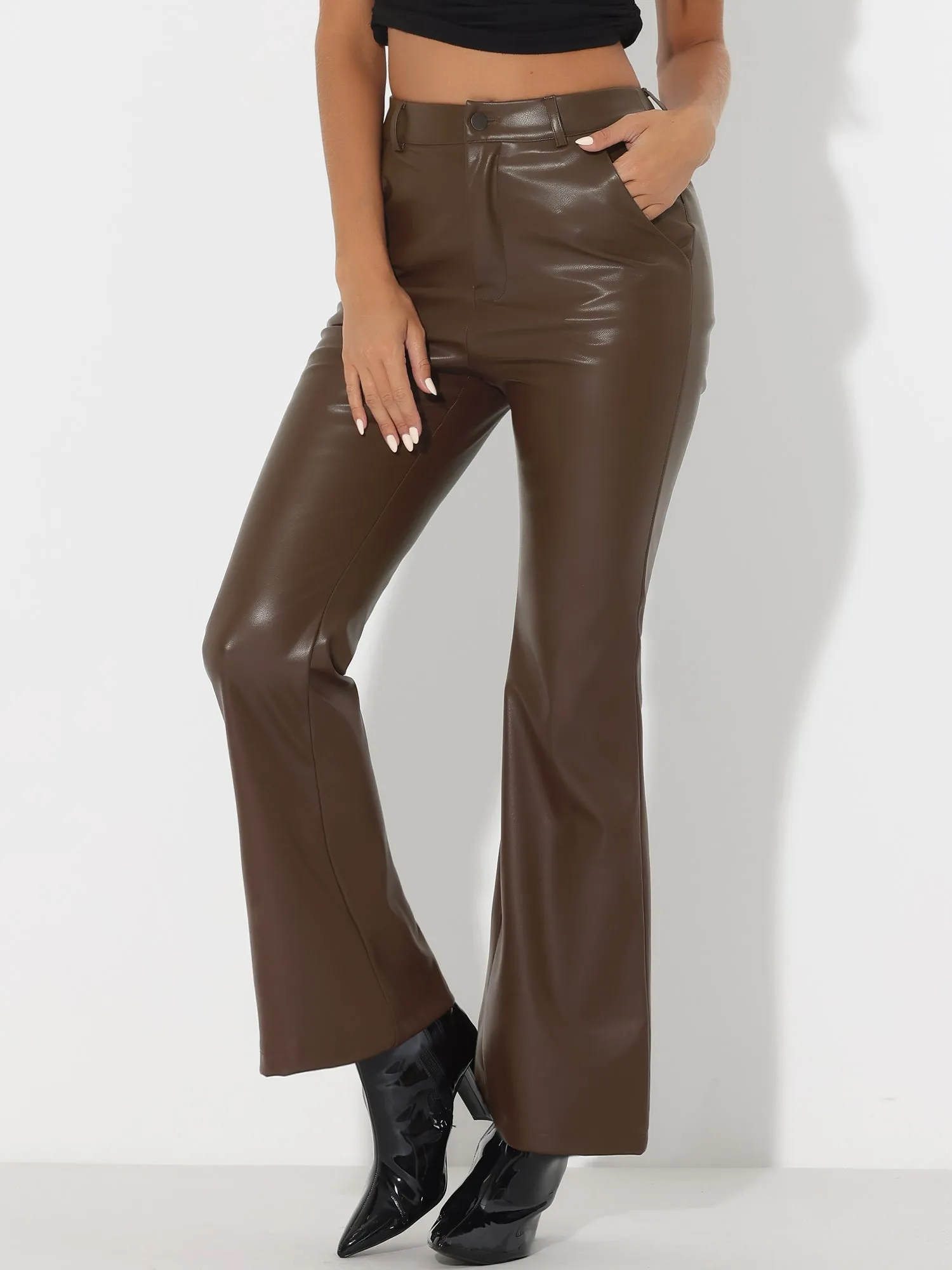Faux Leather Flared Pants High Waist Bell Bottom PU Trousers