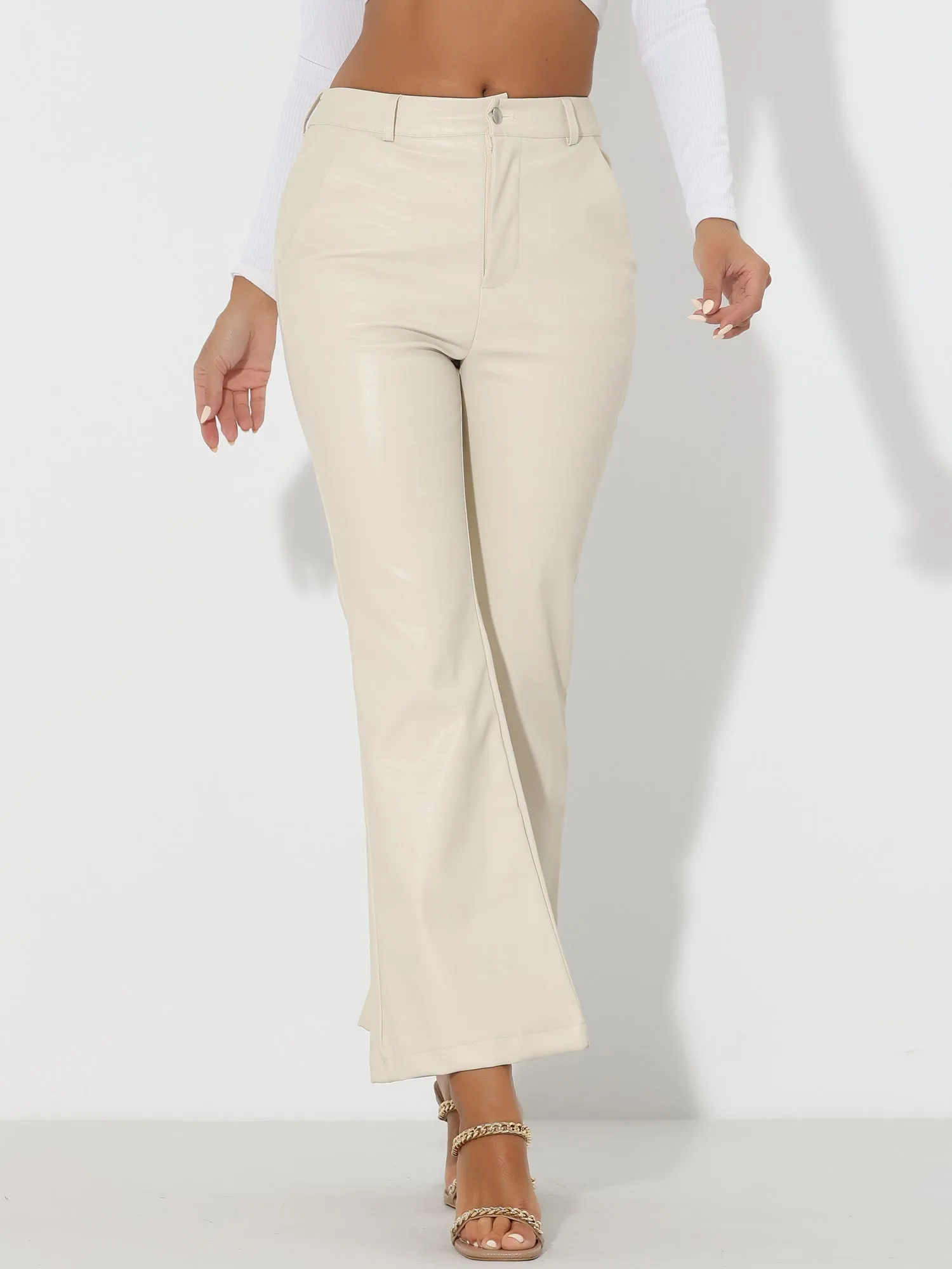 Faux Leather Flared Pants High Waist Bell Bottom PU Trousers