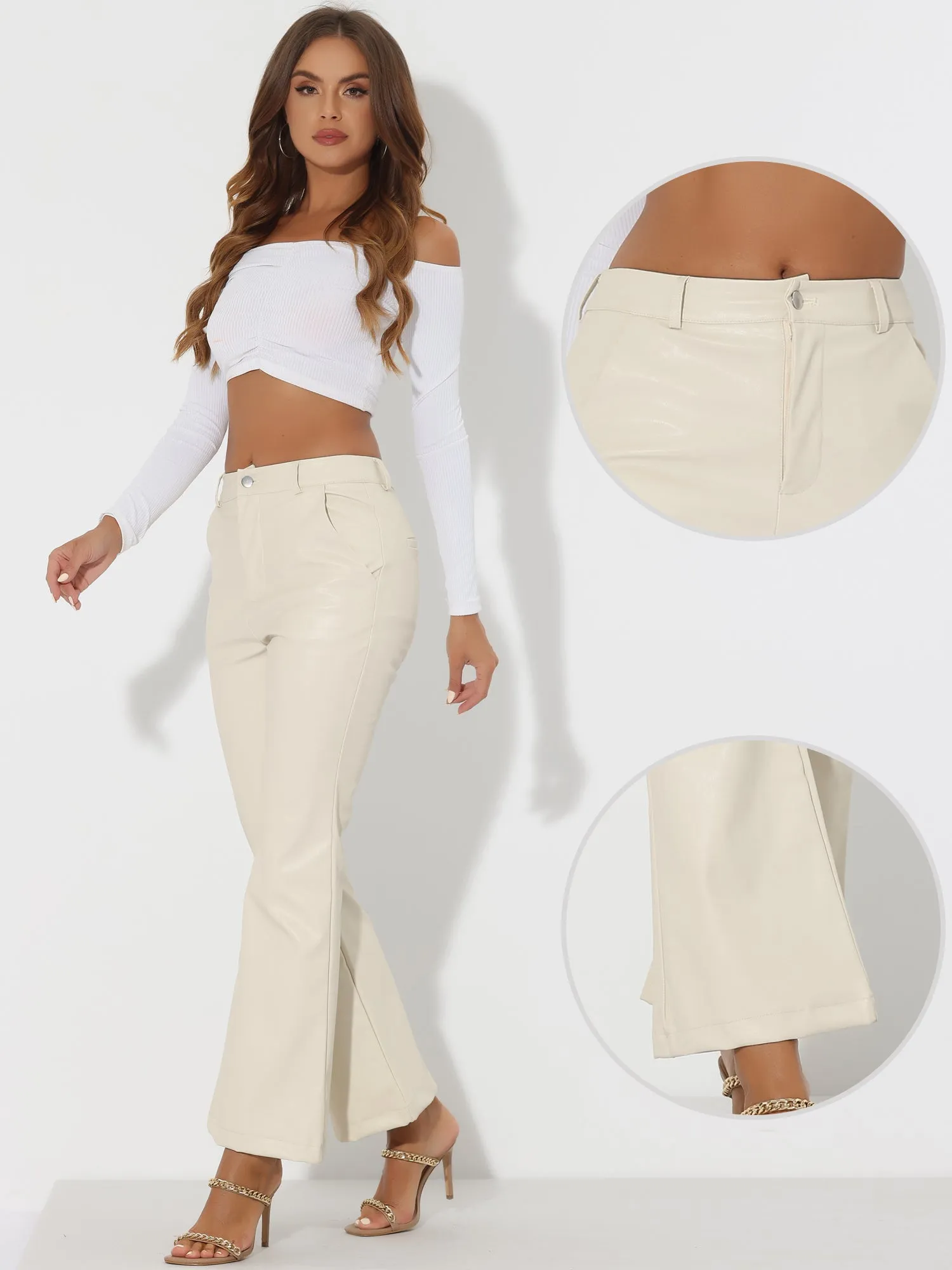 Faux Leather Flared Pants High Waist Bell Bottom PU Trousers
