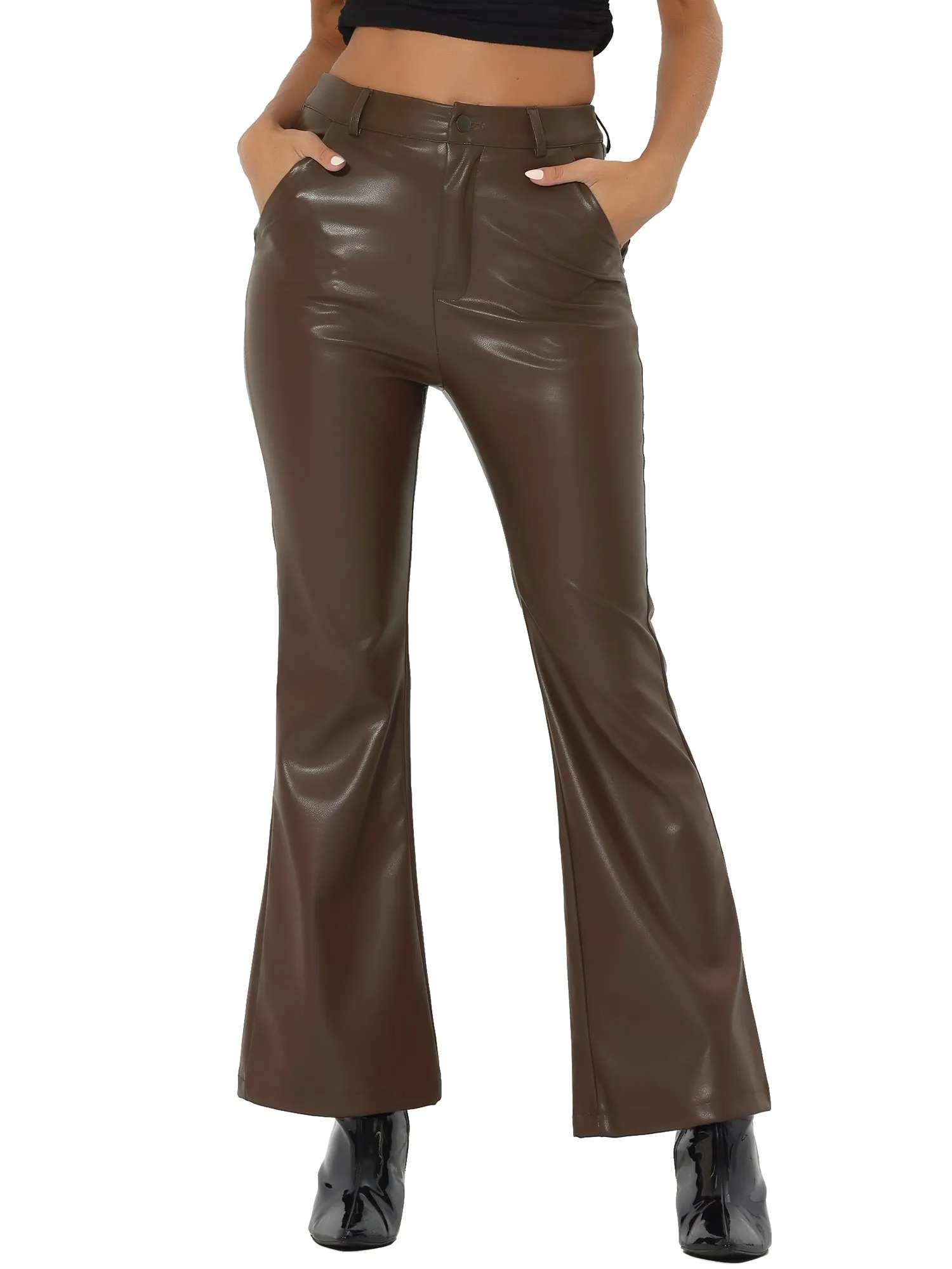 Faux Leather Flared Pants High Waist Bell Bottom PU Trousers