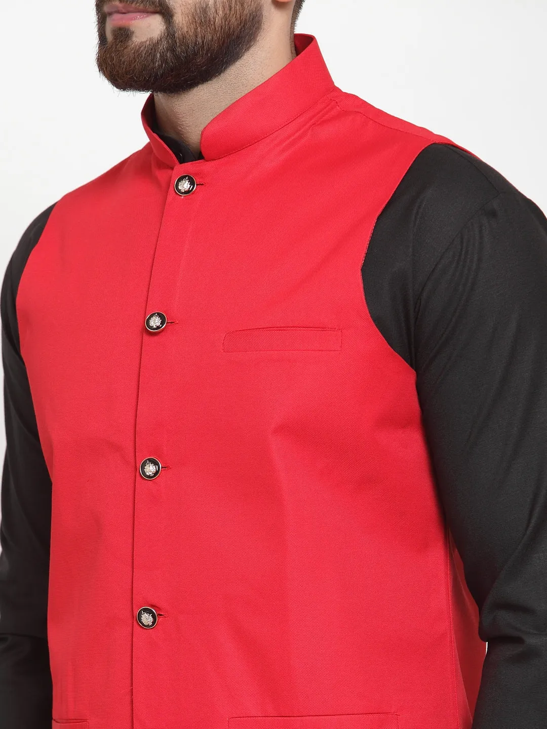 Men's Solid Kurta Pajama with Solid Waistcoat ( JOKP WC 4052Red ) - Virat Fashions