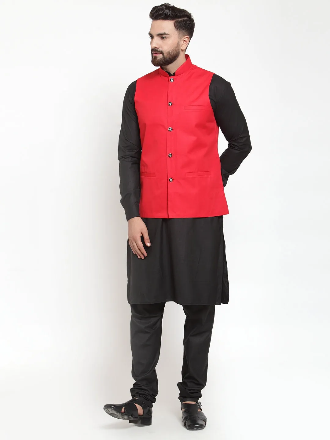 Men's Solid Kurta Pajama with Solid Waistcoat ( JOKP WC 4052Red ) - Virat Fashions