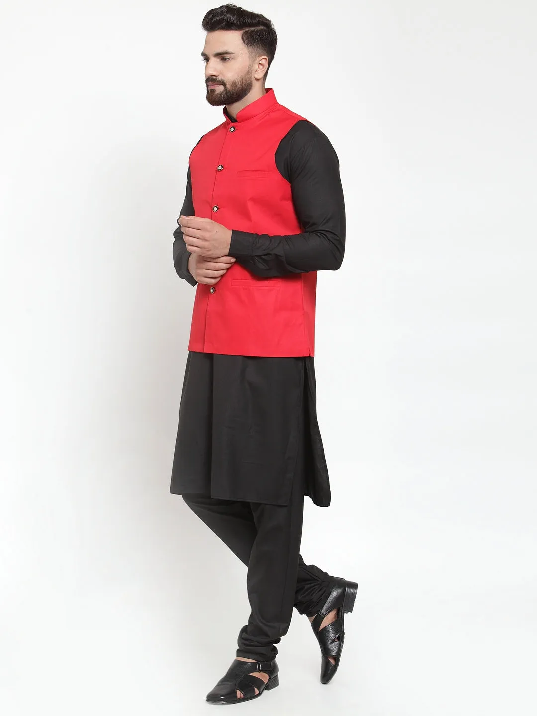 Men's Solid Kurta Pajama with Solid Waistcoat ( JOKP WC 4052Red ) - Virat Fashions