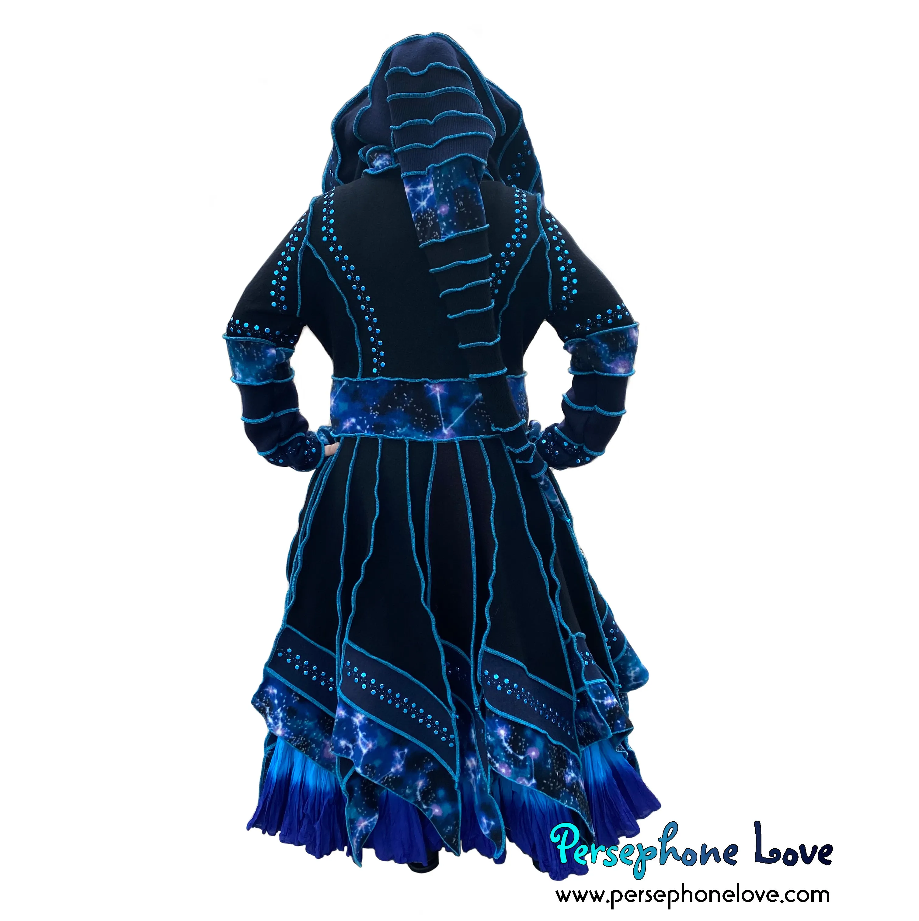 "Starlight" black and blue celestial pixie felted 100% cashmere/fleece Katwise-inspired sequin sweatercoat-2582