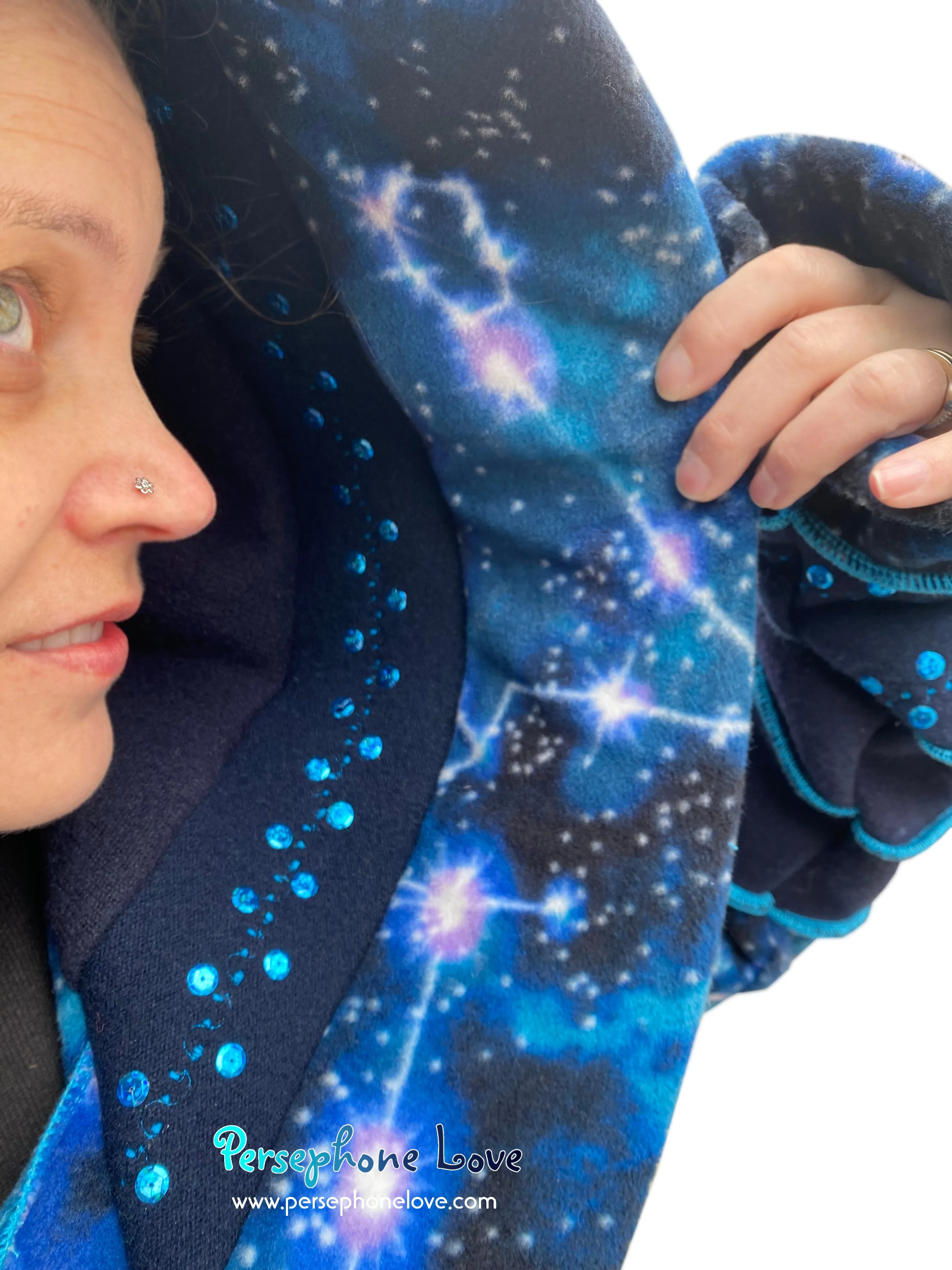 "Starlight" black and blue celestial pixie felted 100% cashmere/fleece Katwise-inspired sequin sweatercoat-2582