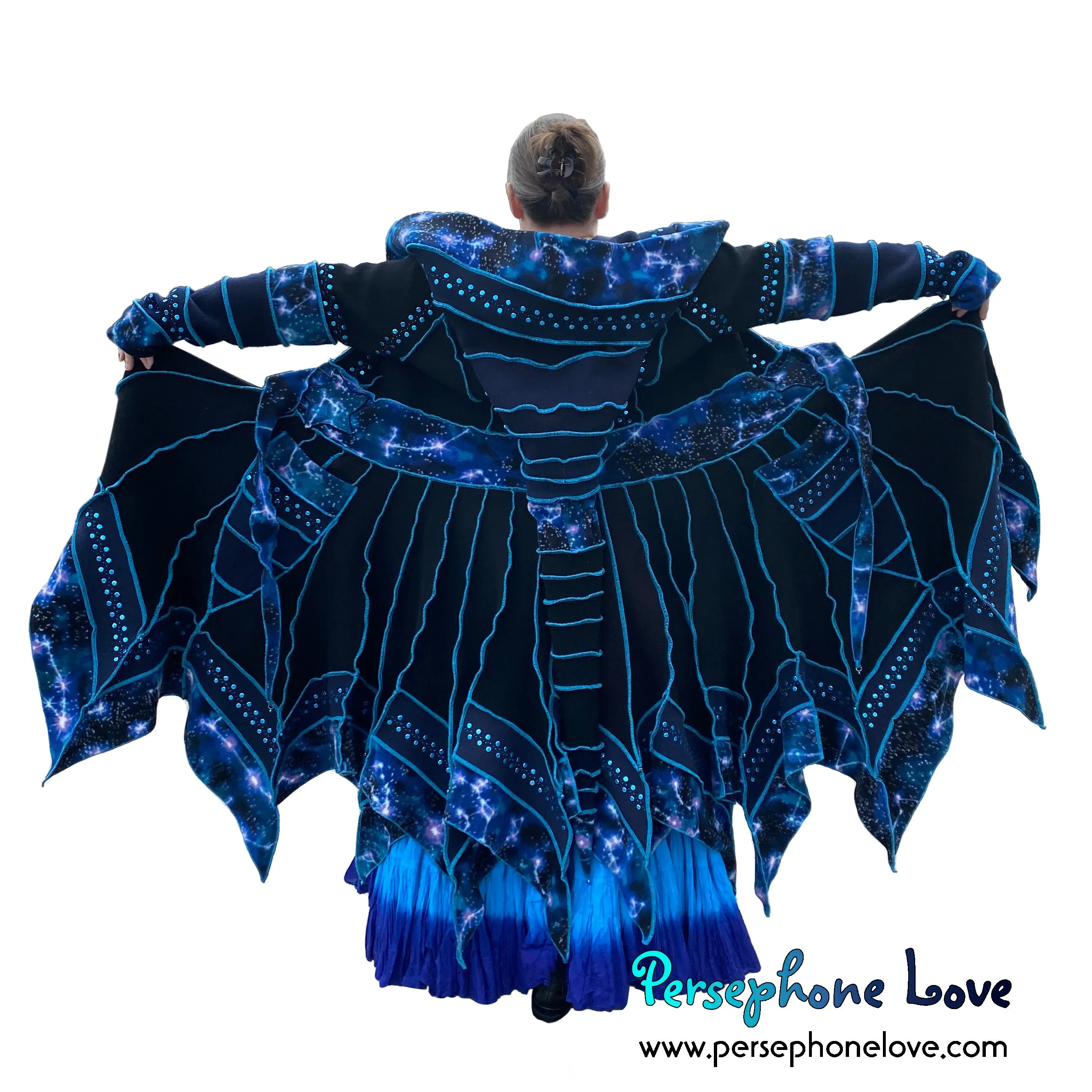 "Starlight" black and blue celestial pixie felted 100% cashmere/fleece Katwise-inspired sequin sweatercoat-2582