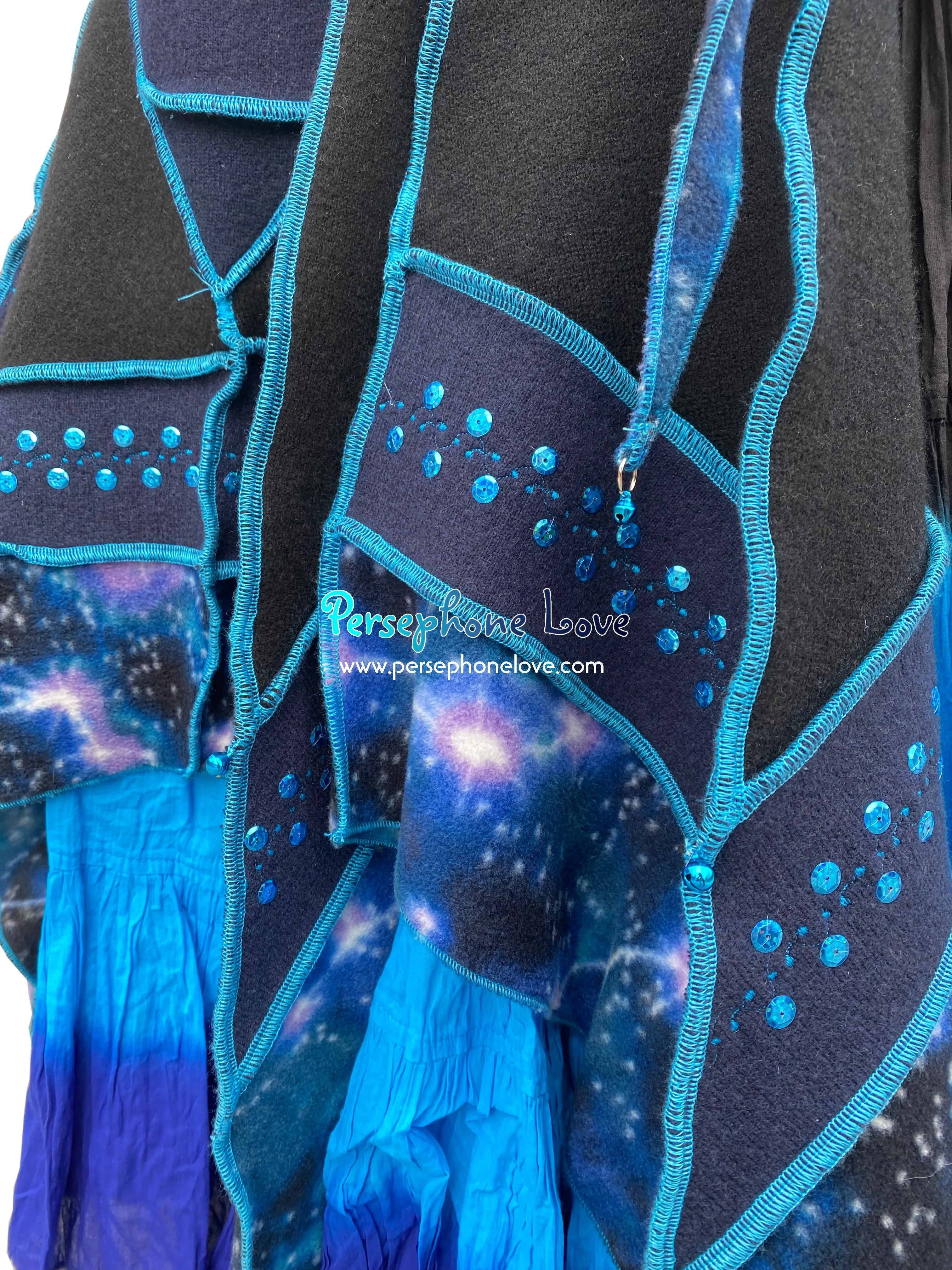 "Starlight" black and blue celestial pixie felted 100% cashmere/fleece Katwise-inspired sequin sweatercoat-2582