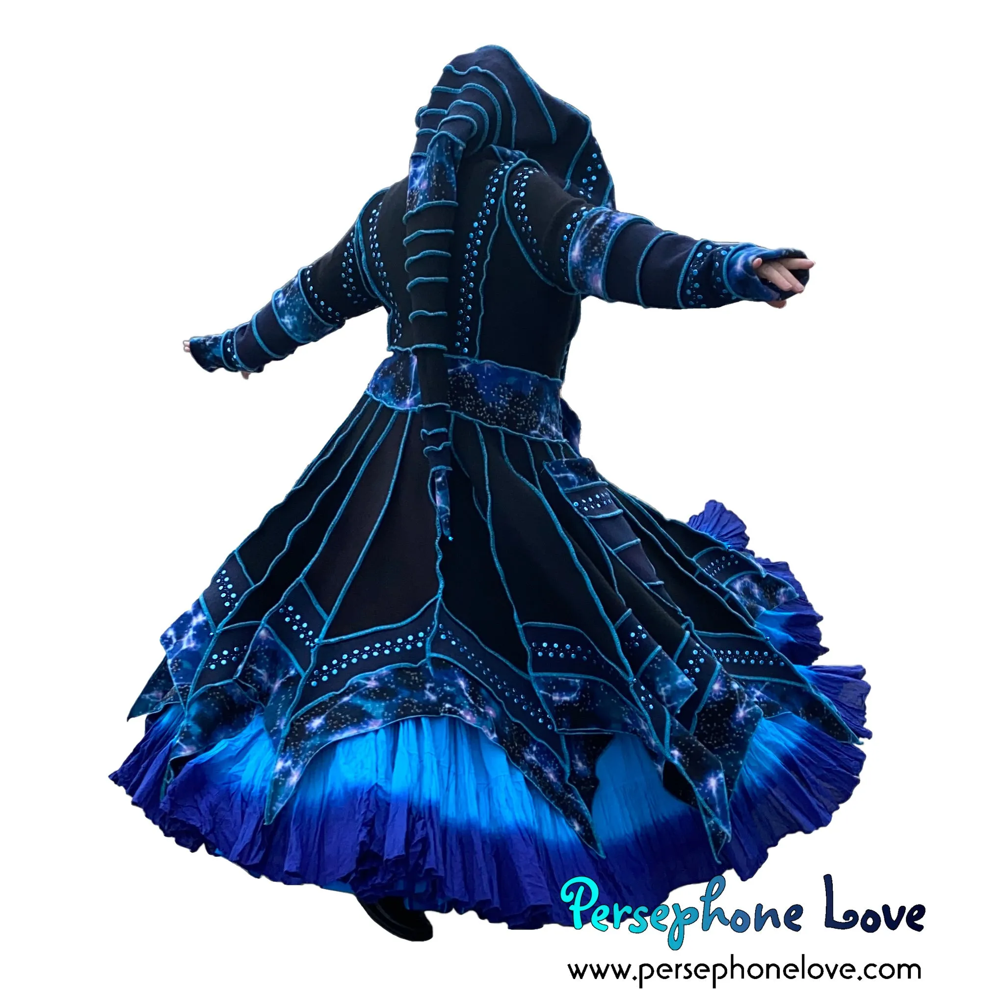 "Starlight" black and blue celestial pixie felted 100% cashmere/fleece Katwise-inspired sequin sweatercoat-2582
