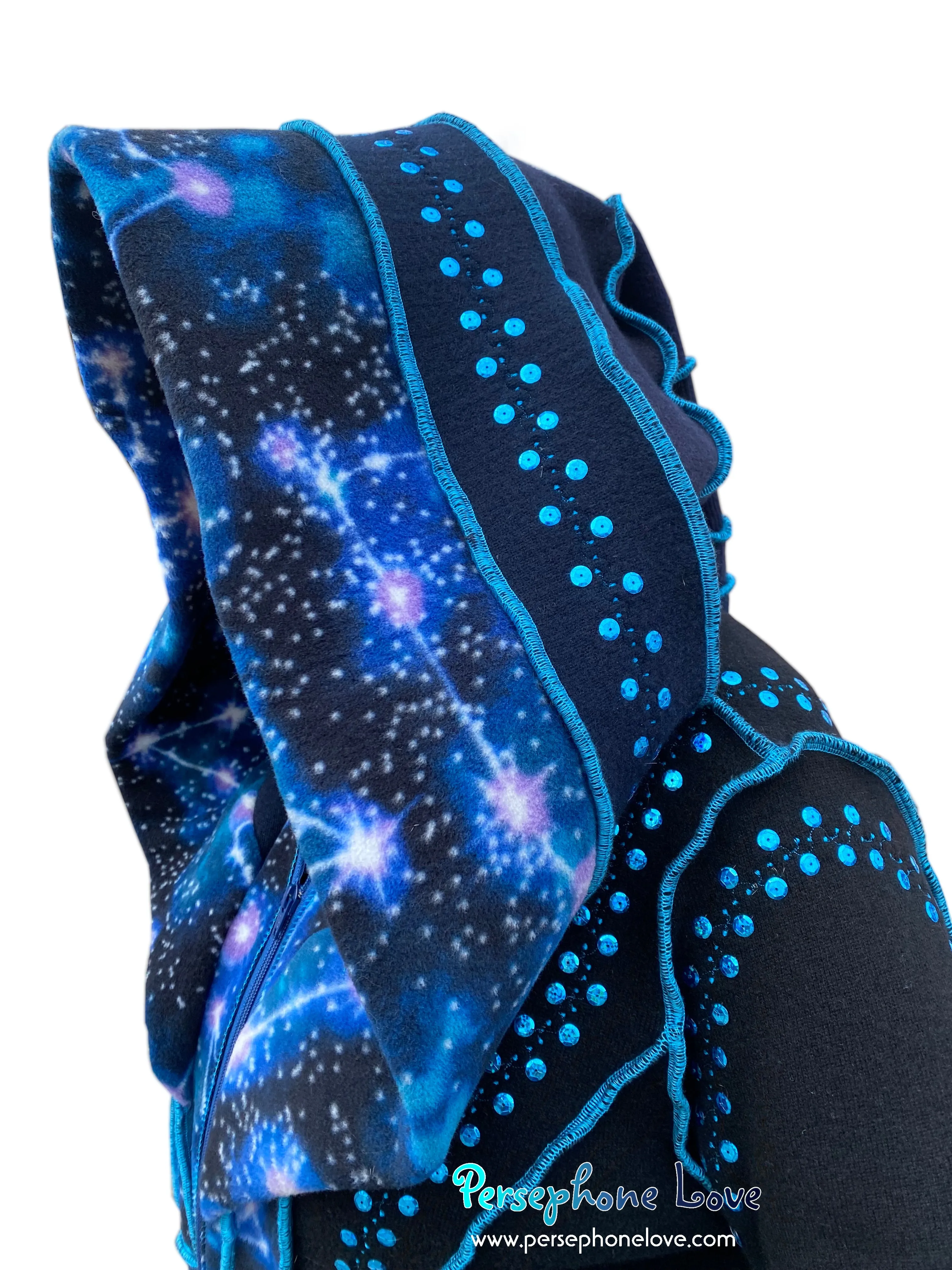"Starlight" black and blue celestial pixie felted 100% cashmere/fleece Katwise-inspired sequin sweatercoat-2582