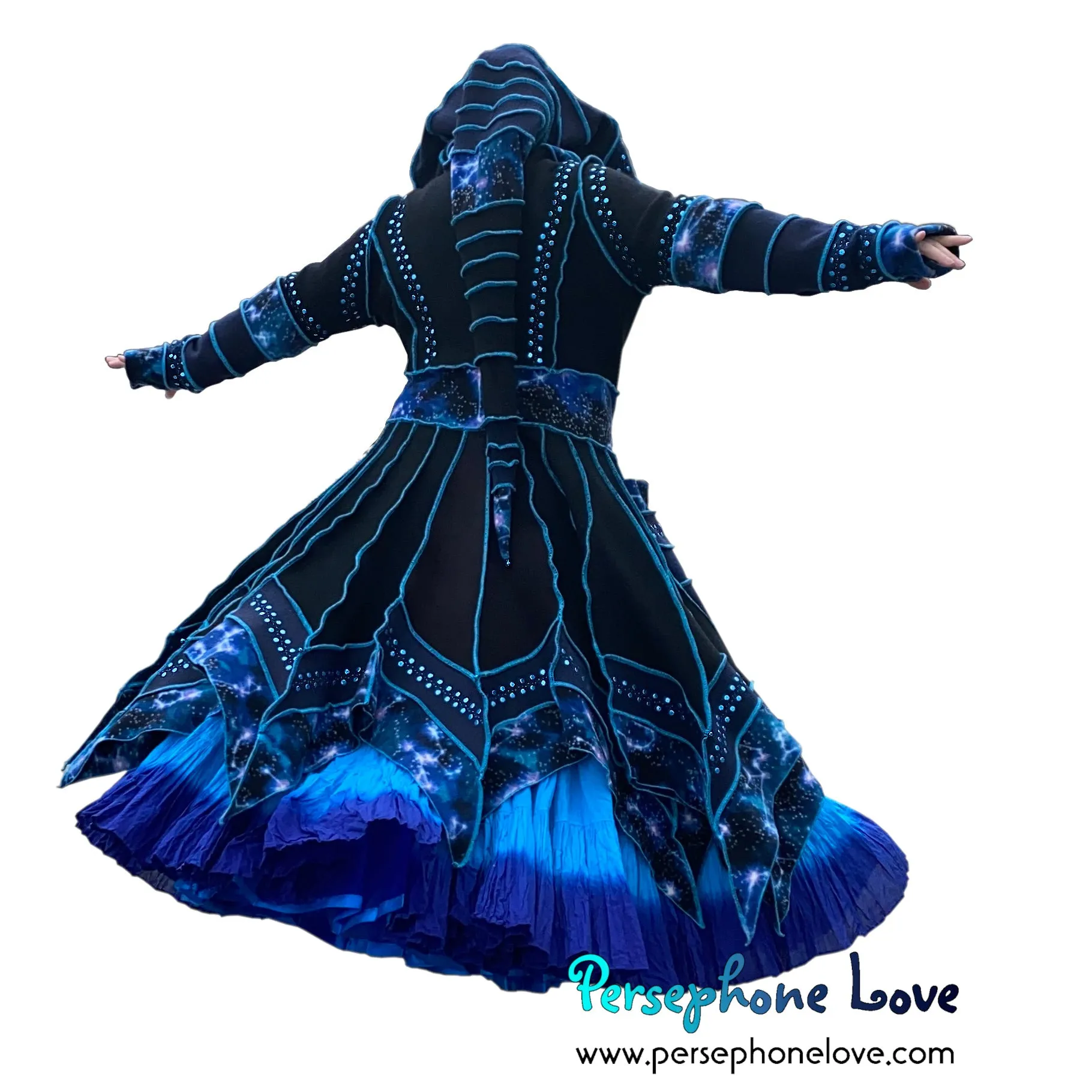 "Starlight" black and blue celestial pixie felted 100% cashmere/fleece Katwise-inspired sequin sweatercoat-2582
