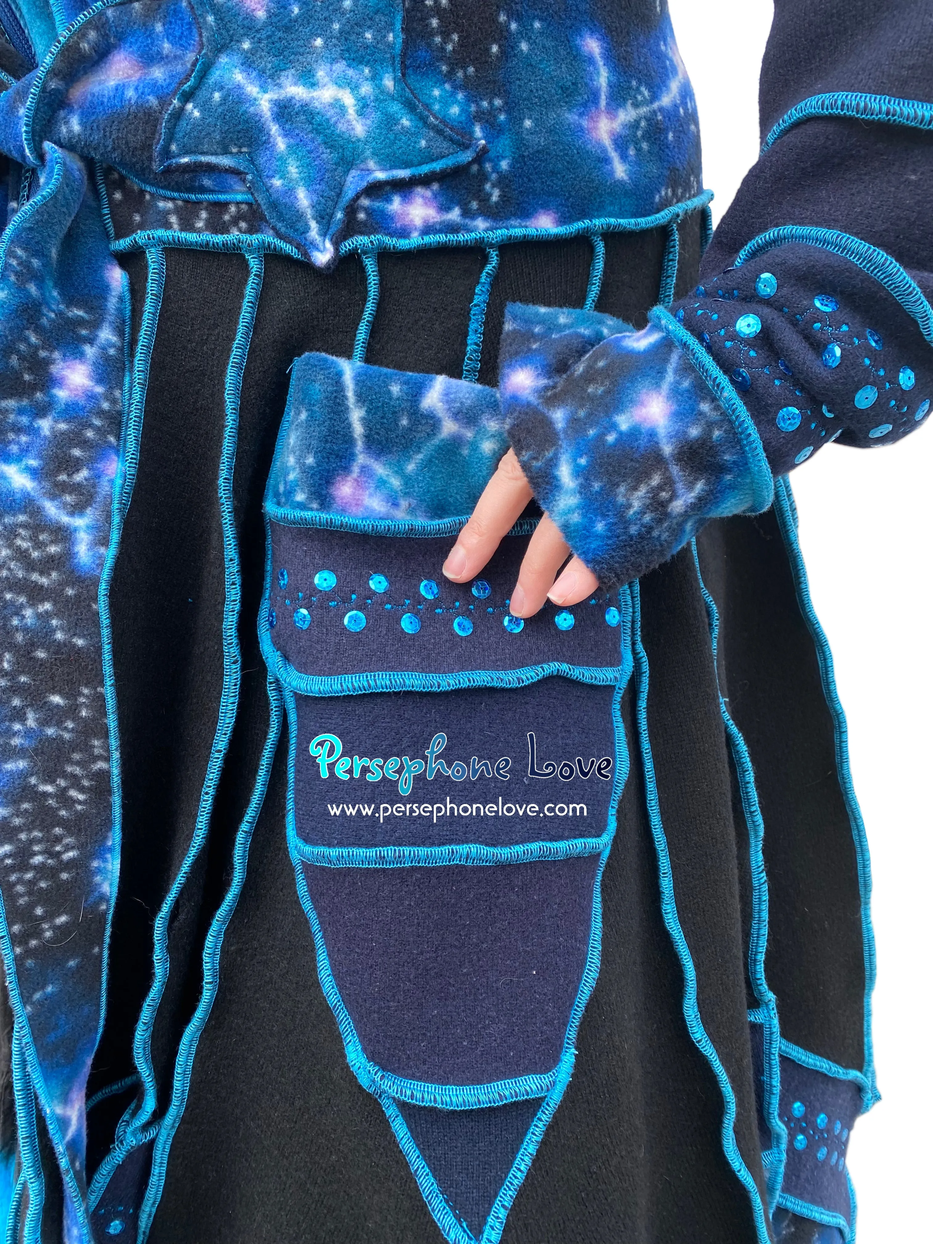 "Starlight" black and blue celestial pixie felted 100% cashmere/fleece Katwise-inspired sequin sweatercoat-2582