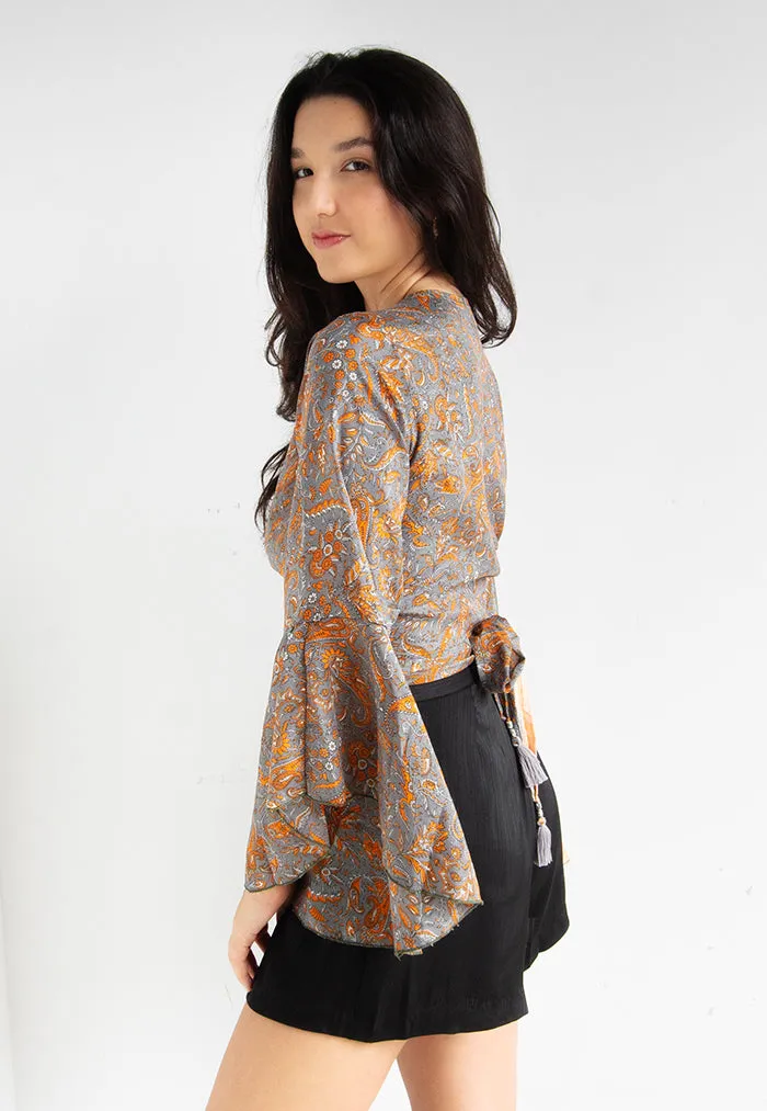 Raja Rani Upcycled Silk Long Sleeves Wrap Top - Silver