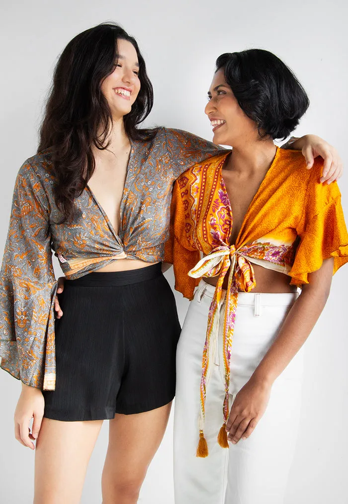 Raja Rani Upcycled Silk Long Sleeves Wrap Top - Silver