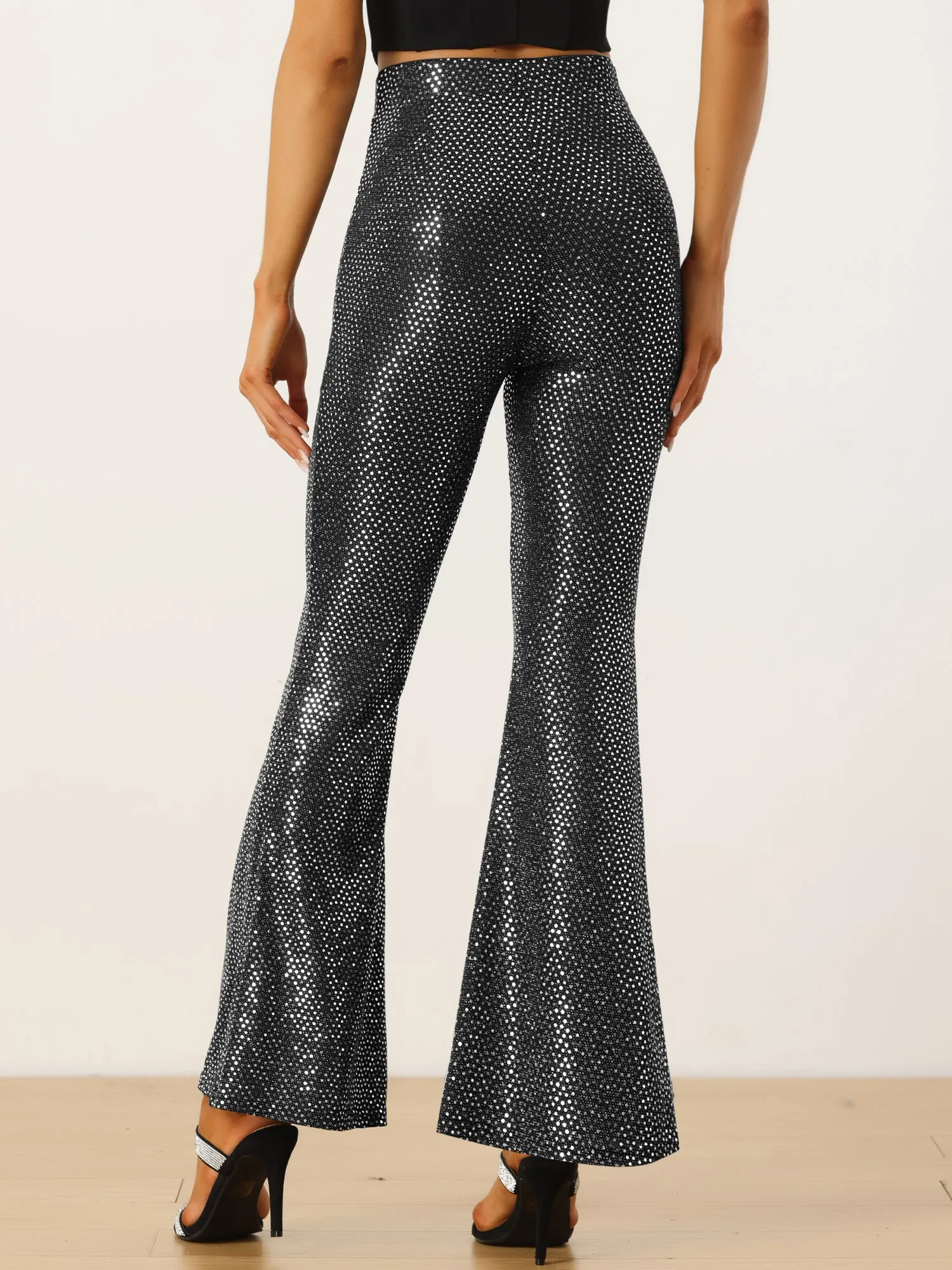Sequin Glitter Sparkle Bell Bottoms Stretch Shiny Flare Pants