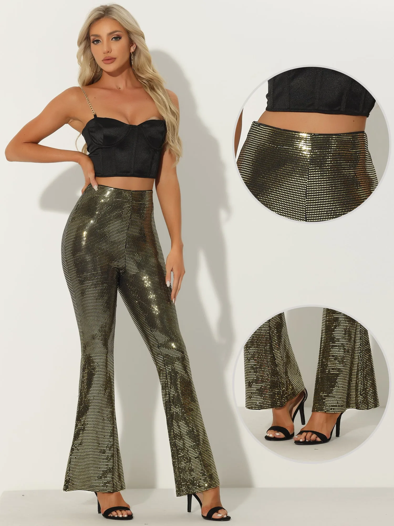 Sequin Glitter Sparkle Bell Bottoms Stretch Shiny Flare Pants