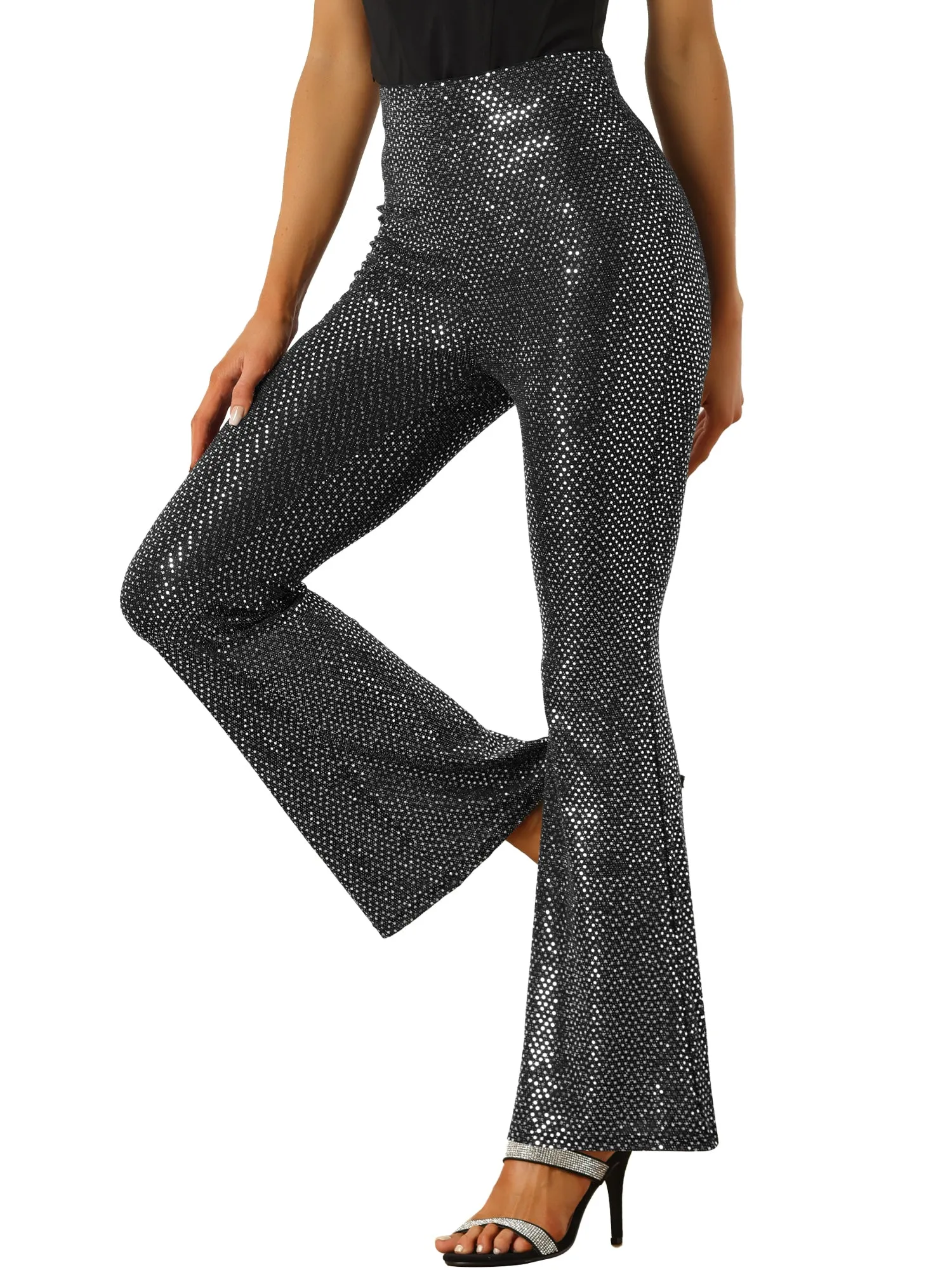 Sequin Glitter Sparkle Bell Bottoms Stretch Shiny Flare Pants