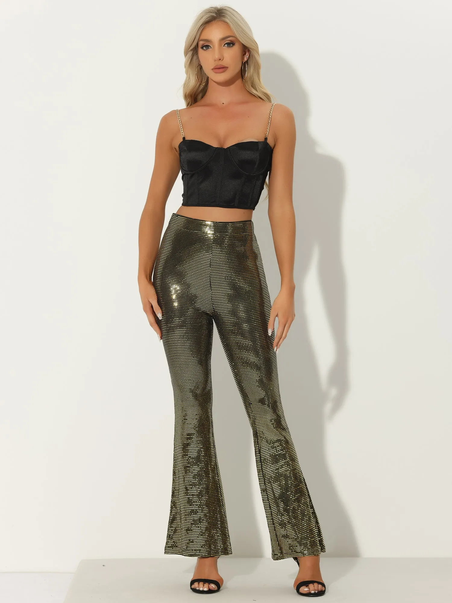 Sequin Glitter Sparkle Bell Bottoms Stretch Shiny Flare Pants