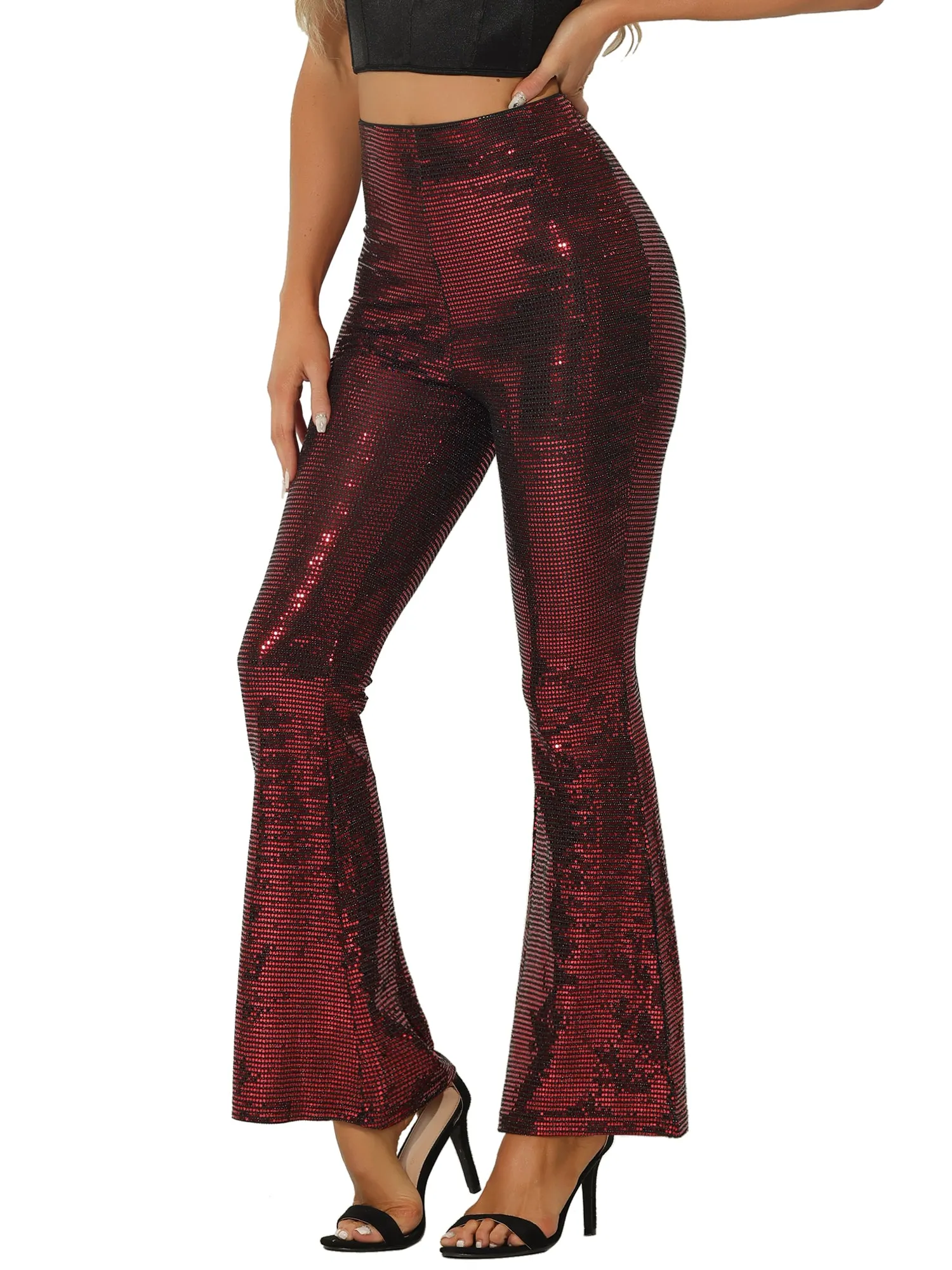 Sequin Glitter Sparkle Bell Bottoms Stretch Shiny Flare Pants