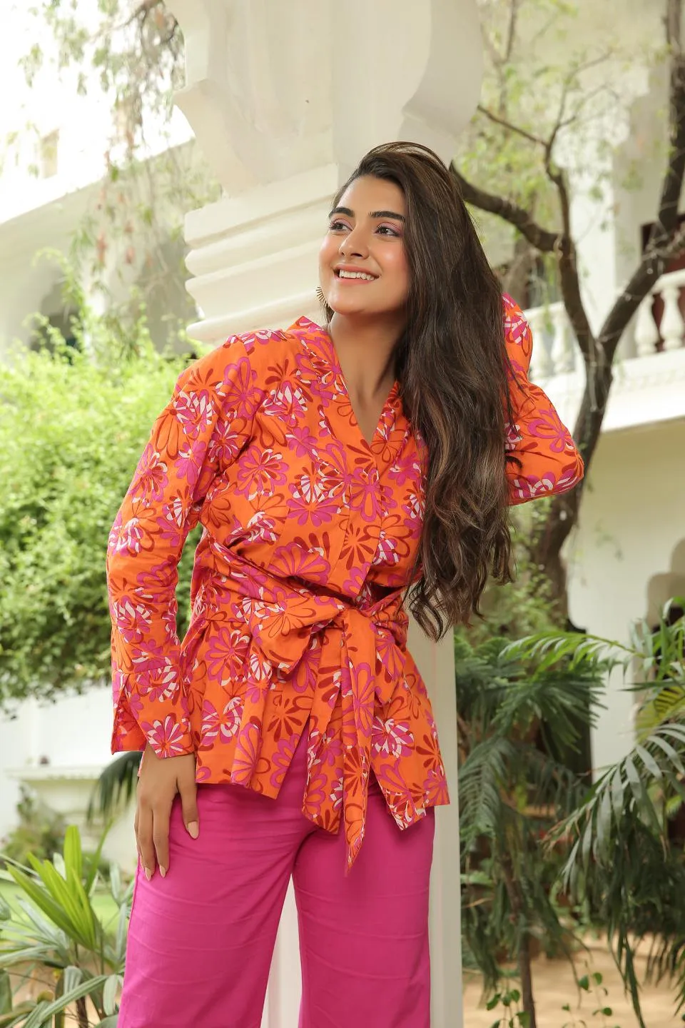 Tan Orange Printed Floral Blazer With Flared Pants