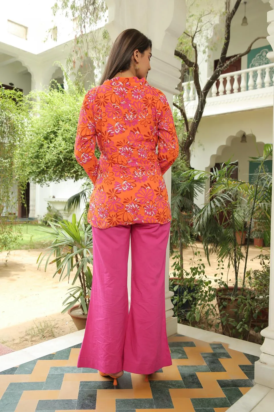 Tan Orange Printed Floral Blazer With Flared Pants